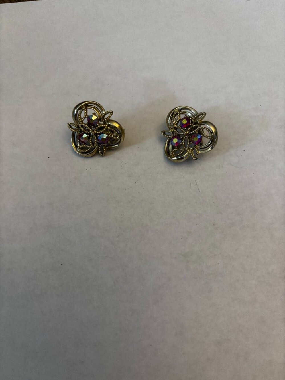 Coro clip on earrings gold tone loops red glass aurora borealis rhinestones